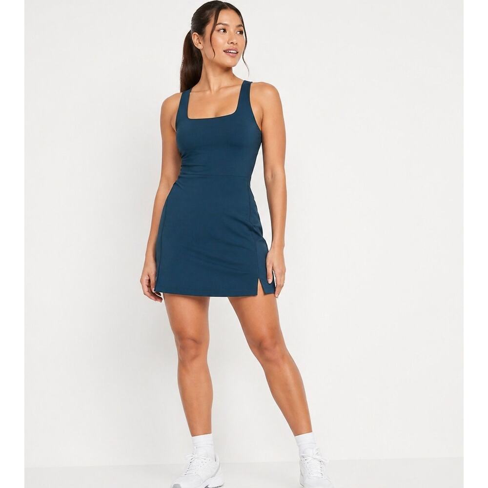PowerSoft Square-Neck Athletic Dress with Built-In Bra & Shorts Teal Size Small